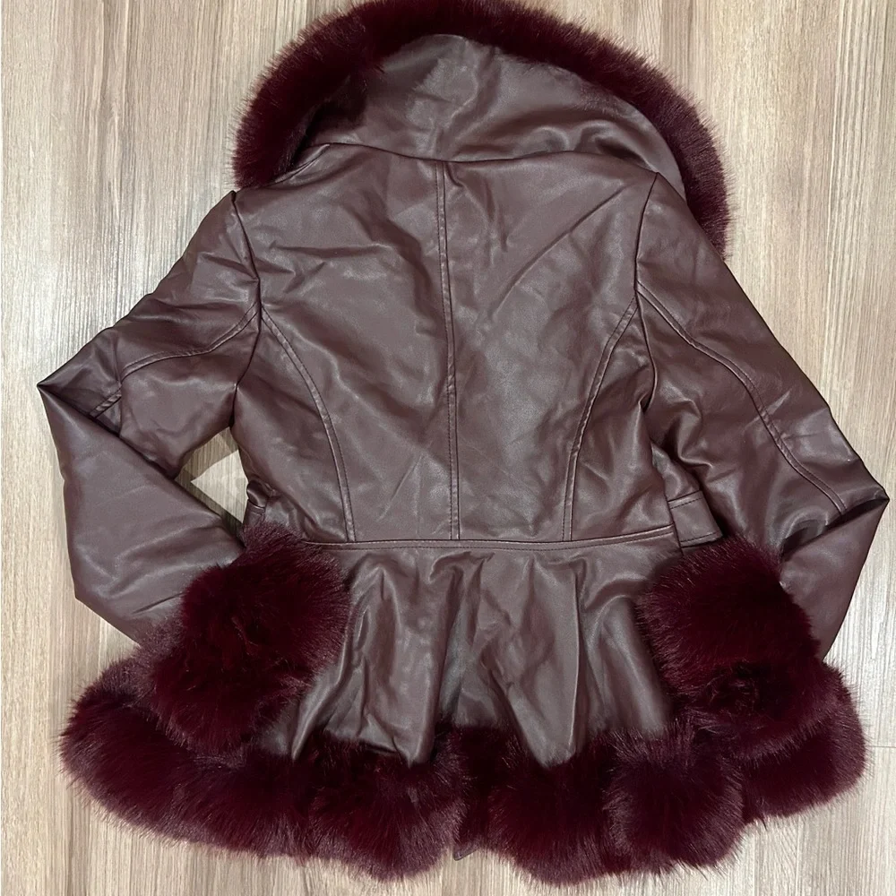 AZALEA WANG Kenzy Faux Leather And Faux Fur Coat Burgundy Size Medium - Picture 12 of 12